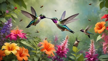 Breathtaking Vibrant Hummingbird Garden Filled Wi - obrazy, fototapety, plakaty