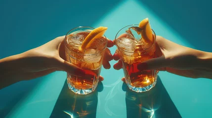 Foto op Plexiglas Two female hands holding glasses of whiskey with ice cubes and orange slices on the blue background © Obsidian