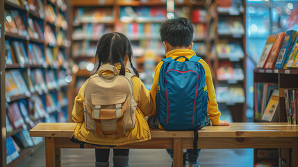 Image taken from behind, Schoolchildren sitting in a bookstore, looking at shelves filled with books