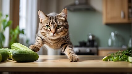 Startled by a cucumber on a kitchen counter, the tabby cat leaped midair. A cat jumping backward from a cucumber, a typical expression of astonishment and natural - obrazy, fototapety, plakaty