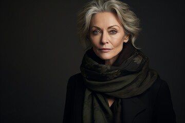 Portrait of a beautiful senior woman in scarf. Studio shot.