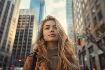 Fototapeta premium Portrait of girl walking around the city. Concept Business woman.