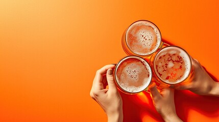 Hands holding glasses of beer on orange background with copy space