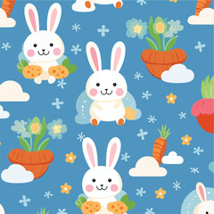 Seamles pattern of cute rabbit with various icon on