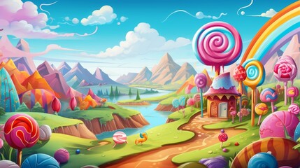 Cartoon Illustration of Castle and Winding Stream in a Magical Landscape