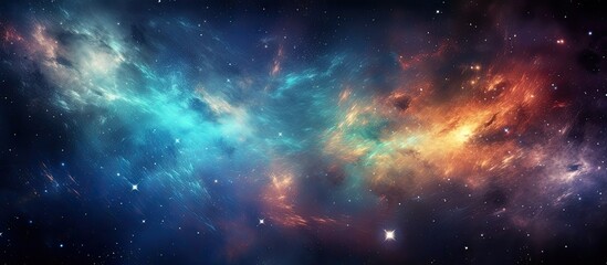 An artistic depiction of a vivid galaxy filled with a myriad of twinkling stars, glowing nebulas, and other cosmic elements in the backdrop - obrazy, fototapety, plakaty