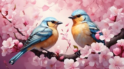 Vibrant Bird. A songbird between cherry blossoms - obrazy, fototapety, plakaty