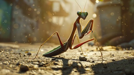 A cinematic shot of a praying mantis in a defensive pose   AI generated illustration - obrazy, fototapety, plakaty