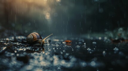 A cinematic view of a snail making its slow journey    AI generated illustration - obrazy, fototapety, plakaty