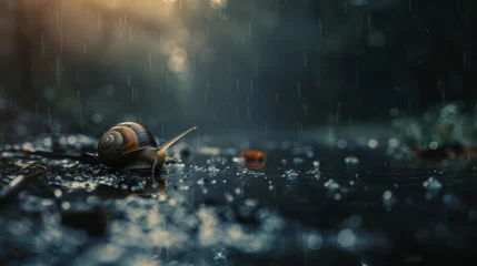Fotobehang A cinematic view of a snail making its slow journey    AI generated illustration © ArtStage