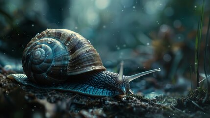 A cinematic view of a snail making its slow journey   AI generated illustration - obrazy, fototapety, plakaty