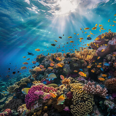 Fototapeta na wymiar Underwater Paradise: Sunlit Tropical Coral Reef Teeming with Marine Life