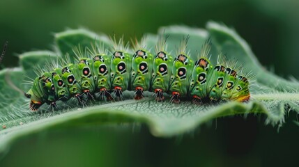 Fototapeta premium A close-up view of a caterpillar munching on a leaf AI generated illustration