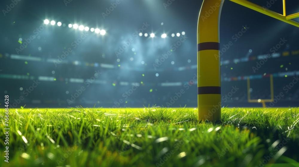 Fototapete american football arena with yellow goal post grass field and blurred fans at playground view d rend