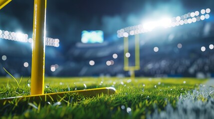 American football arena with yellow goal post grass field and blurred fans at playground view D render Flashlights Concept of   AI generated illustration - obrazy, fototapety, plakaty