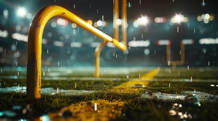 American football arena with yellow goal post grass field and blurred fans at playground view D render Flashlights Concept of   AI generated illustration - obrazy, fototapety, plakaty