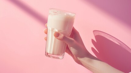 Female hand holding a glass of milk on a pink background with a shadow from the sun - obrazy, fototapety, plakaty