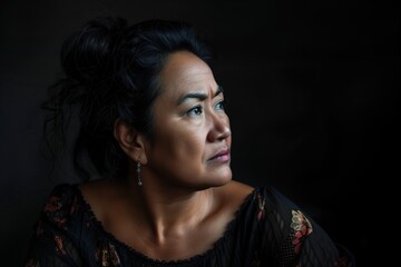 A Samoan woman in a black dress gazes into the distance