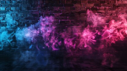 Brick wall neon light smoke Empty dark background with smoke multicolored smoke    AI generated illustration