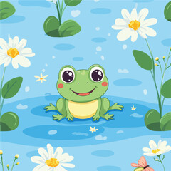 Seamless pattern of cute frog stay on leaf in the r