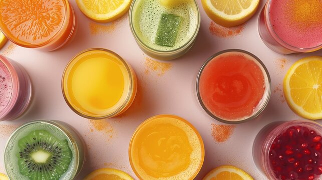 Freshly Pressed Juice A professional photograph capturing the vibrant colors of freshly pressed fruit and vegetable juices show  AI generated illustration