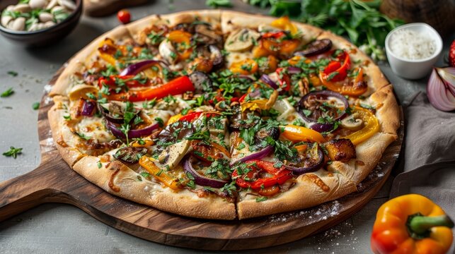 Gourmet Vegan Pizza A professional photograph capturing a gourmet vegan pizza topped with roasted vegetables plant-based cheese AI generated illustration
