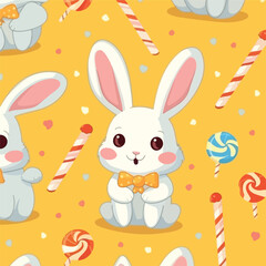 Seamless pattern of cute rabbit with candy on yello