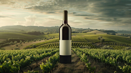 Gorgeous Wine Bottle Mock-Up Against a Vibrant Backdrop of Rolling Vineyards with Lush Grapevines - Golden Reflection with a White Label on the Bottle and No Text - obrazy, fototapety, plakaty
