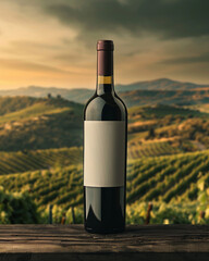 Fototapeta premium Gorgeous Wine Bottle Mock-Up Against a Vibrant Backdrop of Rolling Vineyards with Lush Grapevines - Golden Reflection with a White Label on the Bottle and No Text