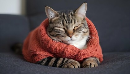 A Sleepy Cat Snuggled Up In A Cozy Sweater