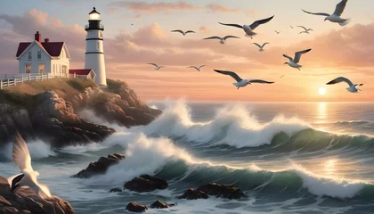 Fotobehang A Tranquil Realistic Coastal Lighthouse Scene At © Faye
