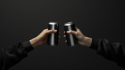 Fototapeta premium Two black cans in hands isolated on black background.