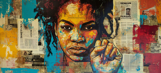 African woman's fist raised in strength against a rich tapestry of newspaper fragments and multicolored paints, encapsulating the spirit of empowerment, resilience, and cultural heritage