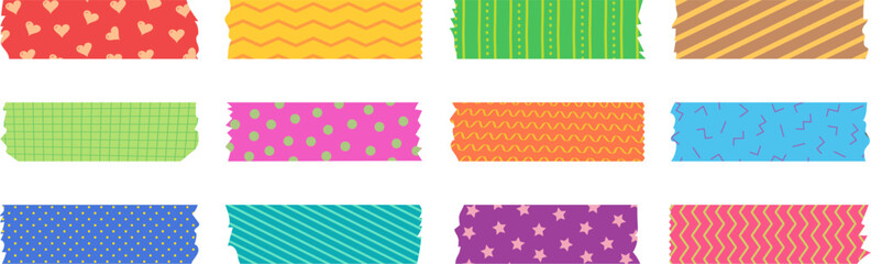 Japanese tape washi, cute masking paper, colorful scotch, scrapbook pattern, decoration frame with color texture, craft sticky set isolated on white background. Vector illustration