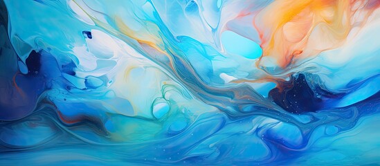 A painting featuring vibrant shades of blue and orange fluidly blended together