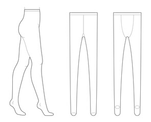Set of Tights Pantyhose on legs, normal waist, high rise, full length. Fashion accessory clothing technical illustration stocking. Vector front, side, back view for Men women, unisex flat template CAD