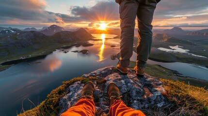 Two people standing on a rock overlooking the water and mountains, AI - Powered by Adobe