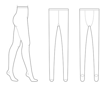Set of Tights Pantyhose on legs, normal waist, high rise, full length. Fashion accessory clothing technical illustration stocking. Vector front, side, back view for Men women, unisex flat template CAD