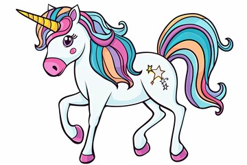 Illustration of an outlined and colored unicorn.