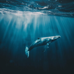 Fototapeta premium Majestic Whale Gliding through Sunlit Waters