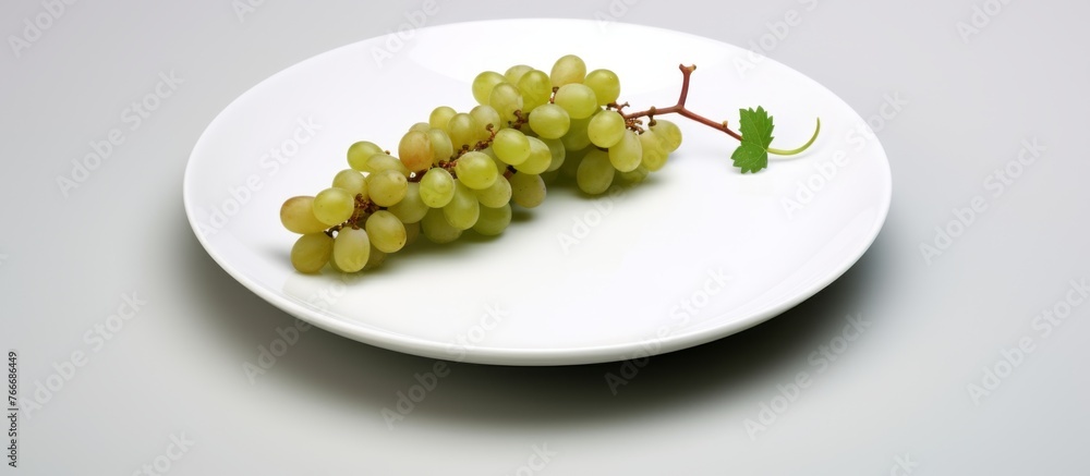 Poster a bunch of fresh green grapes beautifully arranged on a pristine white plate, creating a visually ap