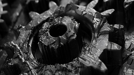 abstract mechanical bw macro close-up, Machinery concept. Set of various gears and ball bearings old and new, BW, black and white, Generative Ai 
