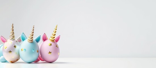 Easter eggs designed as unicorns with a gold motif on a white background, displayed flat. Empty space available for text.