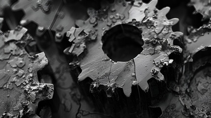 abstract mechanical bw macro close-up, Machinery concept. Set of various gears and ball bearings old and new, BW, black and white, Generative Ai  - obrazy, fototapety, plakaty