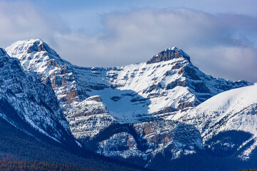 Mount Whyte and Mount Niblock in Winter at Lake Louise in Banff National Park, Alberta, Canada. - 766686475
