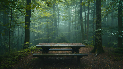 empty table epic forest, Picnic Table in Campground, Redwood National Park, Picnic area in a rural city park, Generative AI  - obrazy, fototapety, plakaty