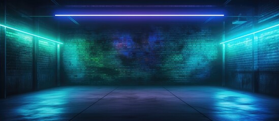 An intriguing ambiance is created in a dimly lit room by a neon light against a textured brick wall