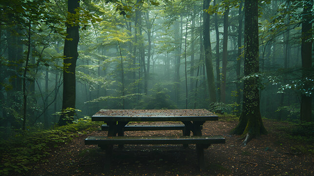empty table epic forest, Picnic Table in Campground, Redwood National Park, Picnic area in a rural city park, Generative AI 