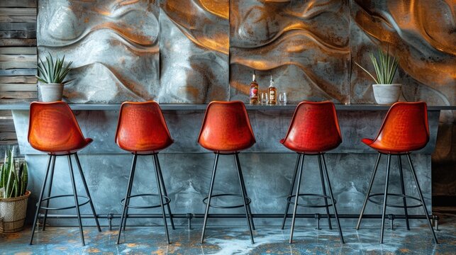 Three vibrant red metal bar chairs