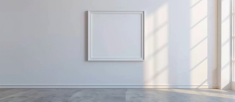 Empty picture frame placeholder on a white wall with an artwork template for interior design.